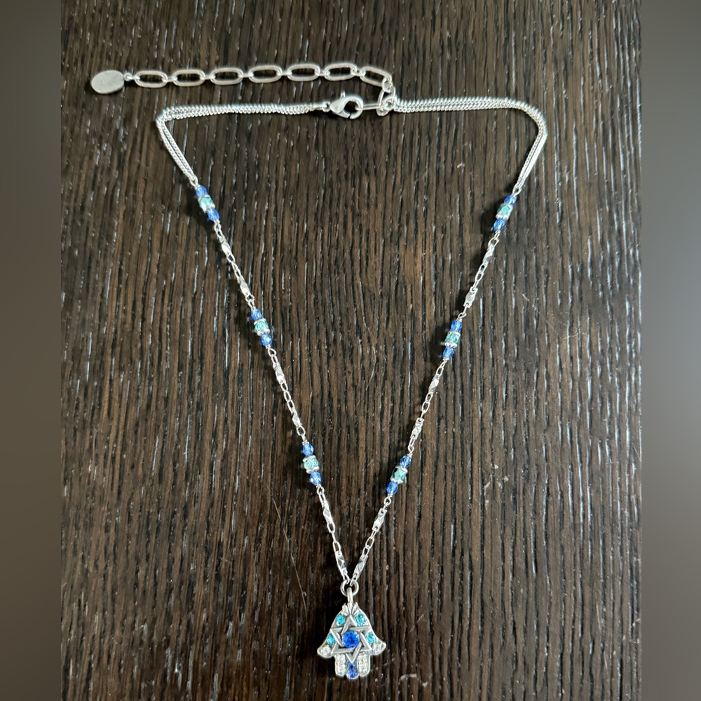 Silver and Blue Crystal Hamsa and Star of David Necklace - Women's Necklace